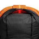Close-up of a backpack with orange climbing rope on a white background